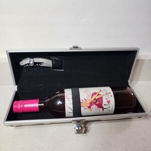 Wine Bottle Animal Print Holder With A Corkscrew, Silver Case With Latch.